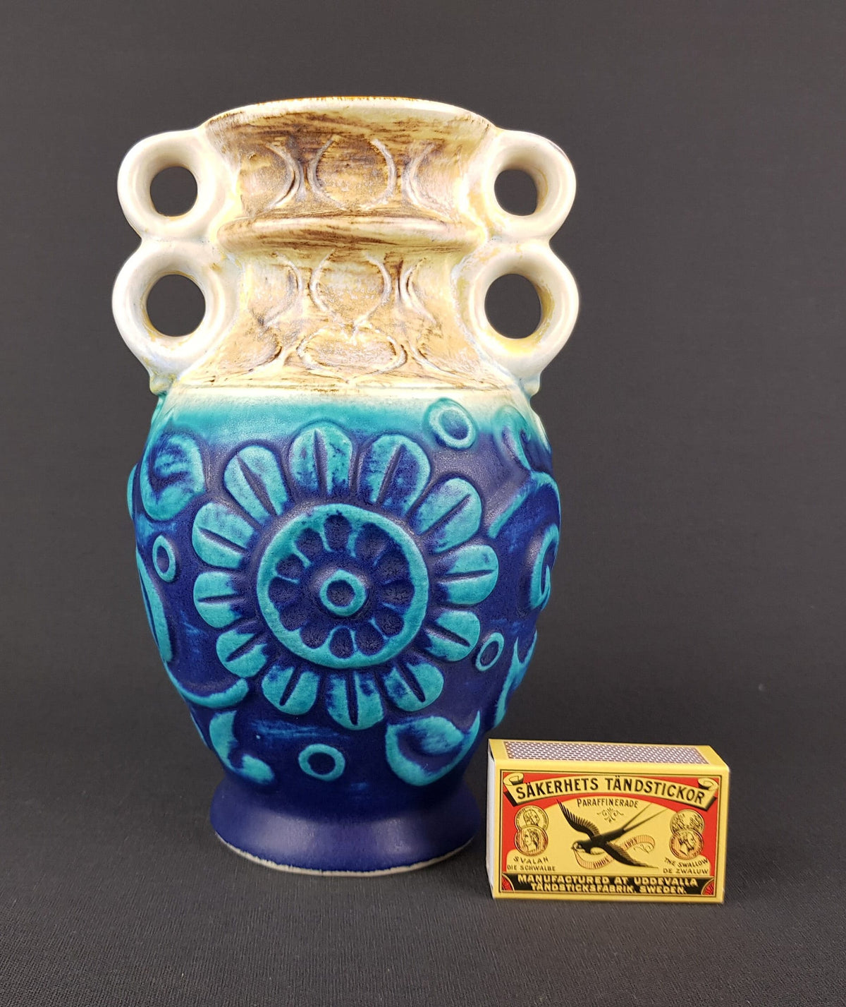 Vintage BAY KERAMIK Matte Blue Vase 86 20 with Floral decor by Bodo Mans West German Pottery Fat Lava Era