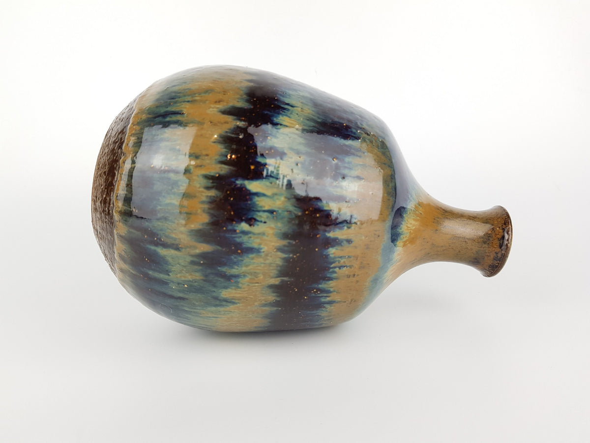 Vintage RUDI STAHL KÜNSTTÖPFEREI Studio Art Pottery Brown Black Blue Shiny Vase West German Pottery 1950s