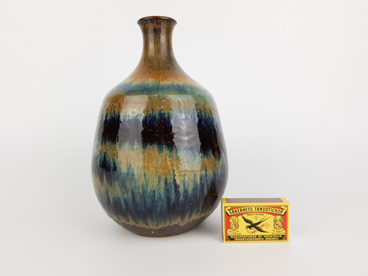 Vintage RUDI STAHL KÜNSTTÖPFEREI Studio Art Pottery Brown Black Blue Shiny Vase West German Pottery 1950s