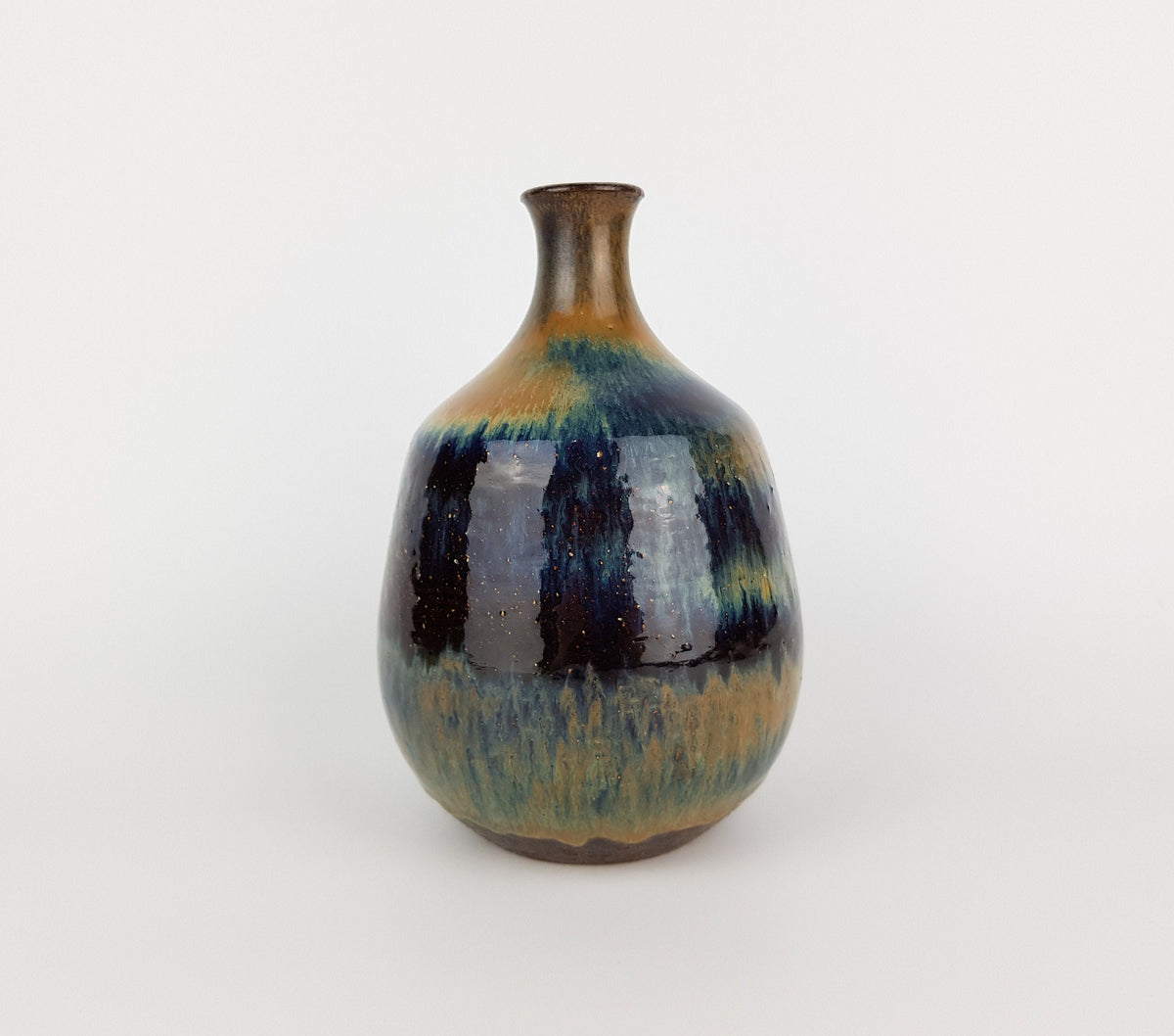 Vintage RUDI STAHL KÜNSTTÖPFEREI Studio Art Pottery Brown Black Blue Shiny Vase West German Pottery 1950s