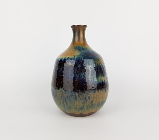 Vintage RUDI STAHL KÜNSTTÖPFEREI Studio Art Pottery Brown Black Blue Shiny Vase West German Pottery 1950s
