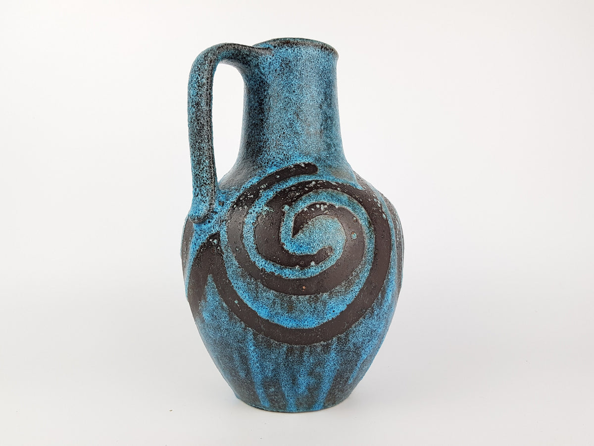 Vintage CARSTENS KERAMIK Blue Handled Vase With Swirls Decor West German Pottery 1960s - 1970s