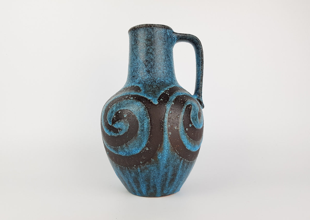 Vintage CARSTENS KERAMIK Blue Handled Vase With Swirls Decor West German Pottery 1960s - 1970s