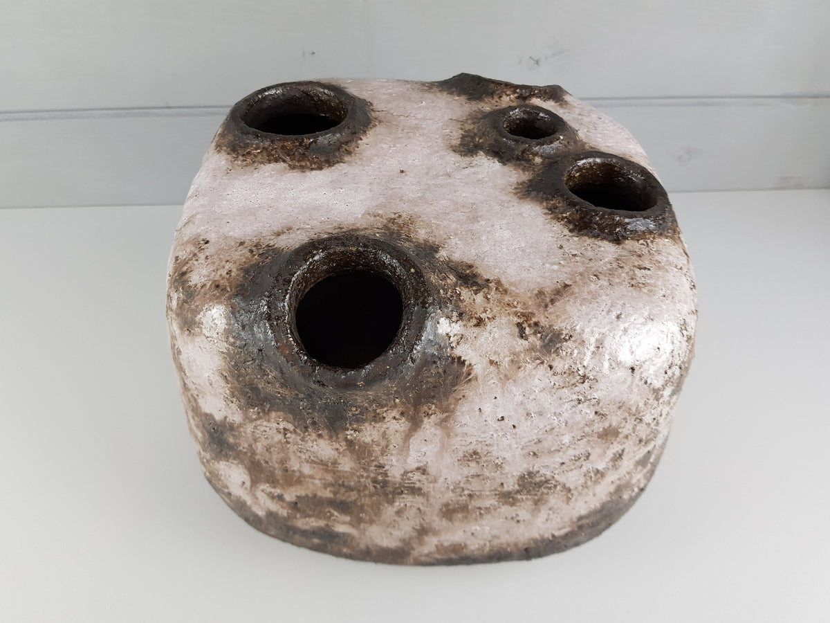 Vintage STUDIO ART POTTERY White and Brown with Pink Accents 5 Holes Vase Attributed to Ingeborg and Bruno Asshoff from West Germany 1968s