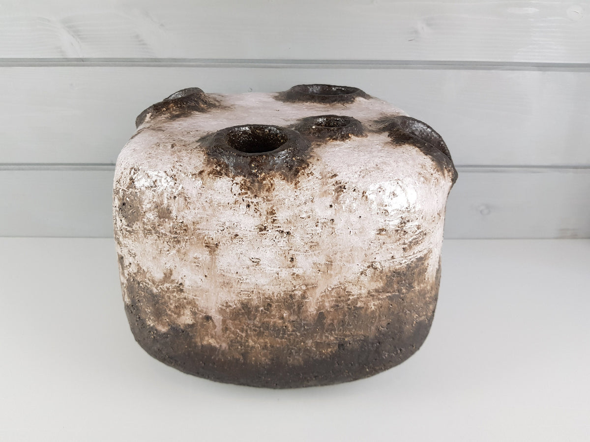 Vintage STUDIO ART POTTERY White and Brown with Pink Accents 5 Holes Vase Attributed to Ingeborg and Bruno Asshoff from West Germany 1968s