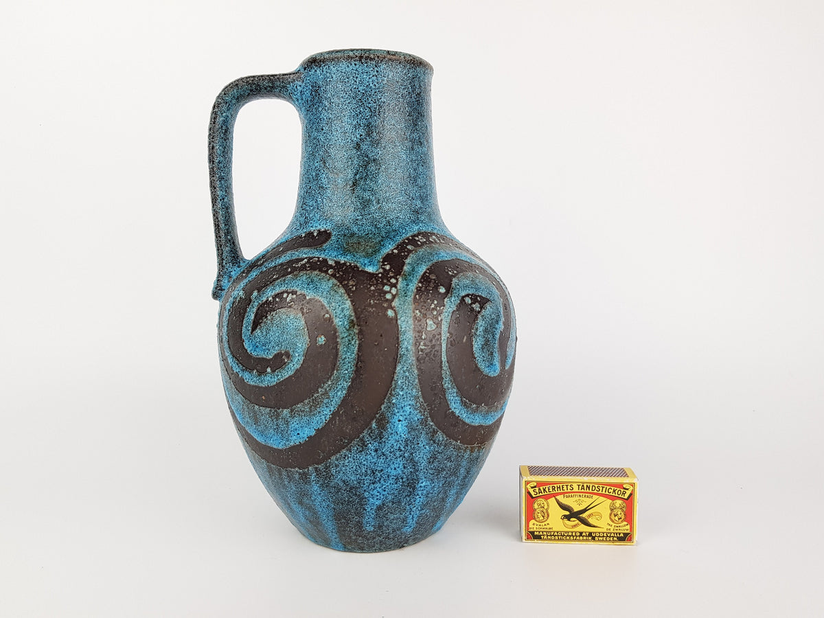 Vintage CARSTENS KERAMIK Blue Handled Vase With Swirls Decor West German Pottery 1960s - 1970s