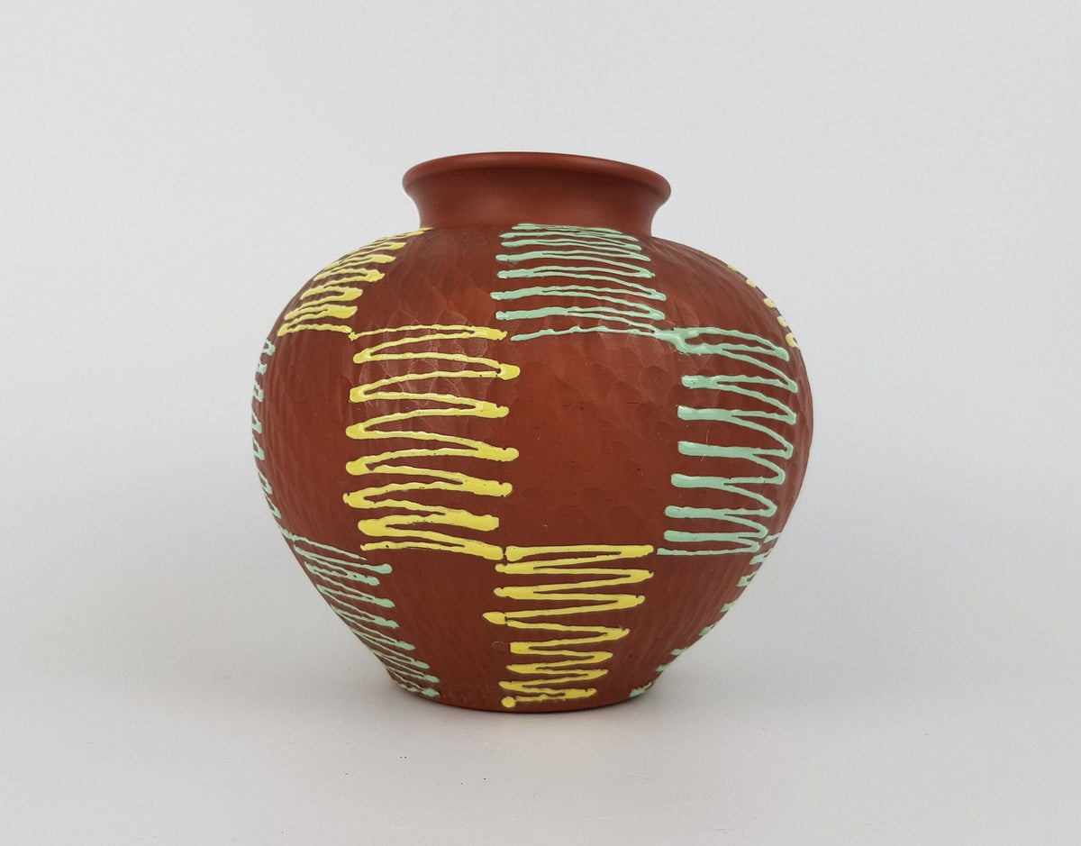Vintage ECKHARDT & ENGLER Terracotta Vase Zig Zag Decor 65-15 West Germany Art 1950s