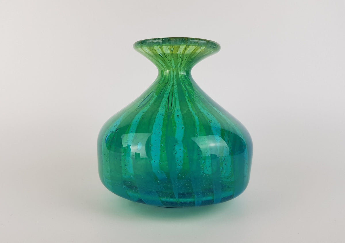 Vintage MDINA Green and Blue Glass Vase With Stripes Decor from Malta 1970s