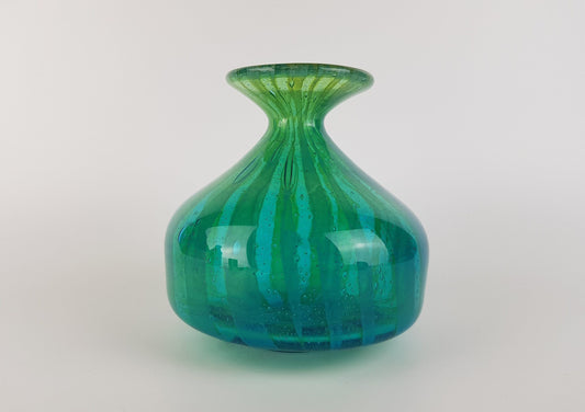 Vintage MDINA Green and Blue Glass Vase With Stripes Decor from Malta 1970s