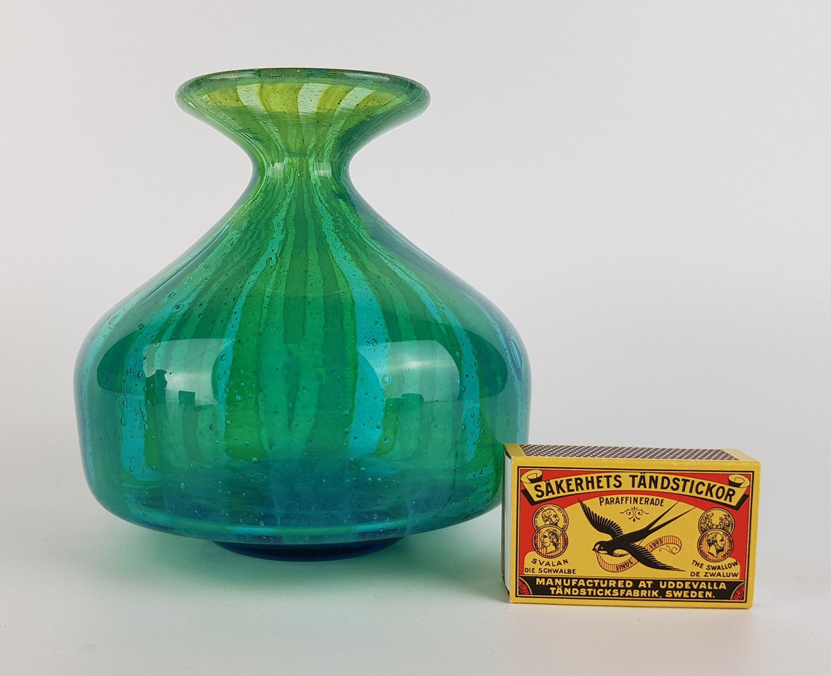 Vintage MDINA Green and Blue Glass Vase With Stripes Decor from Malta 1970s