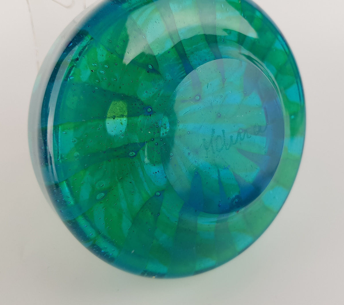 Vintage MDINA Green and Blue Glass Vase With Stripes Decor from Malta 1970s