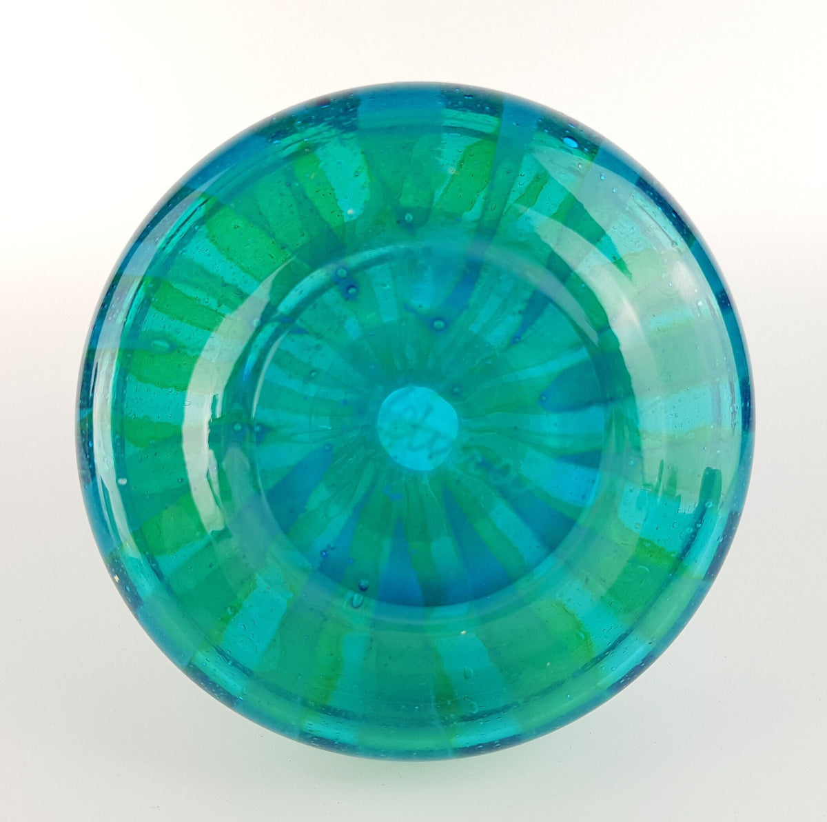 Vintage MDINA Green and Blue Glass Vase With Stripes Decor from Malta 1970s