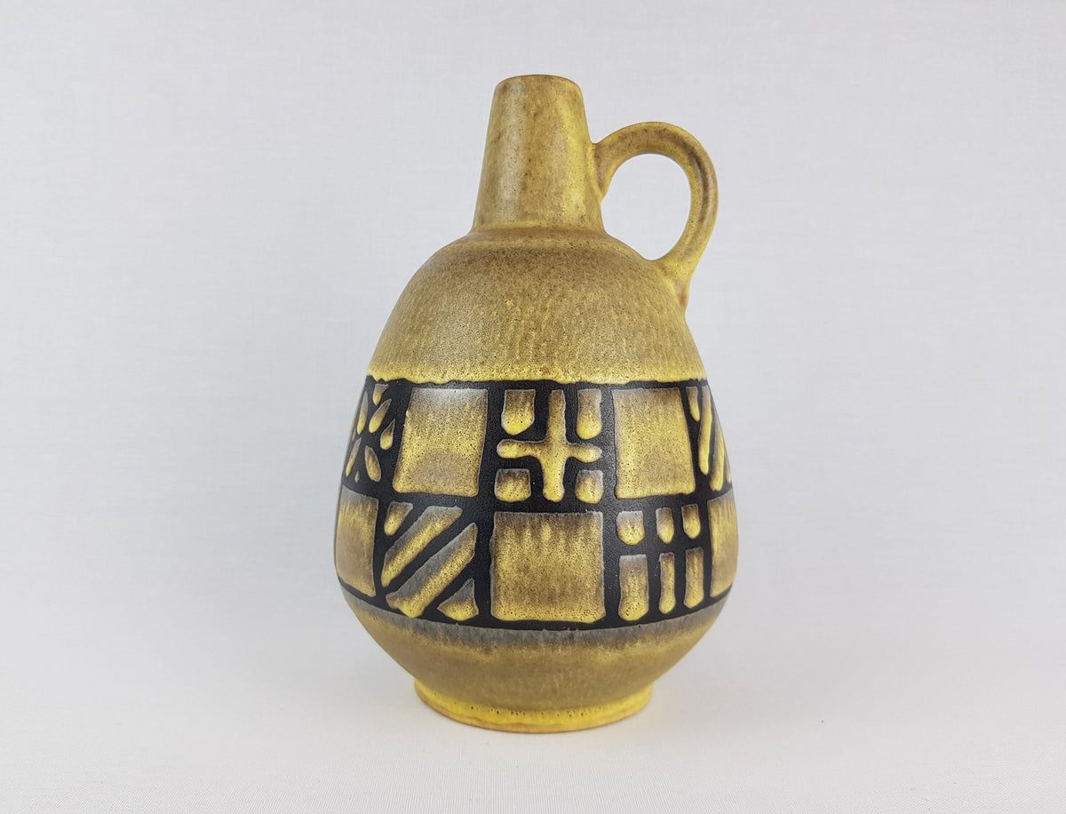 Vintage RUSCHA KERAMIK Handled Yellow Vase "Tibet-Karo" decor 320/3 West German Pottery 1960s