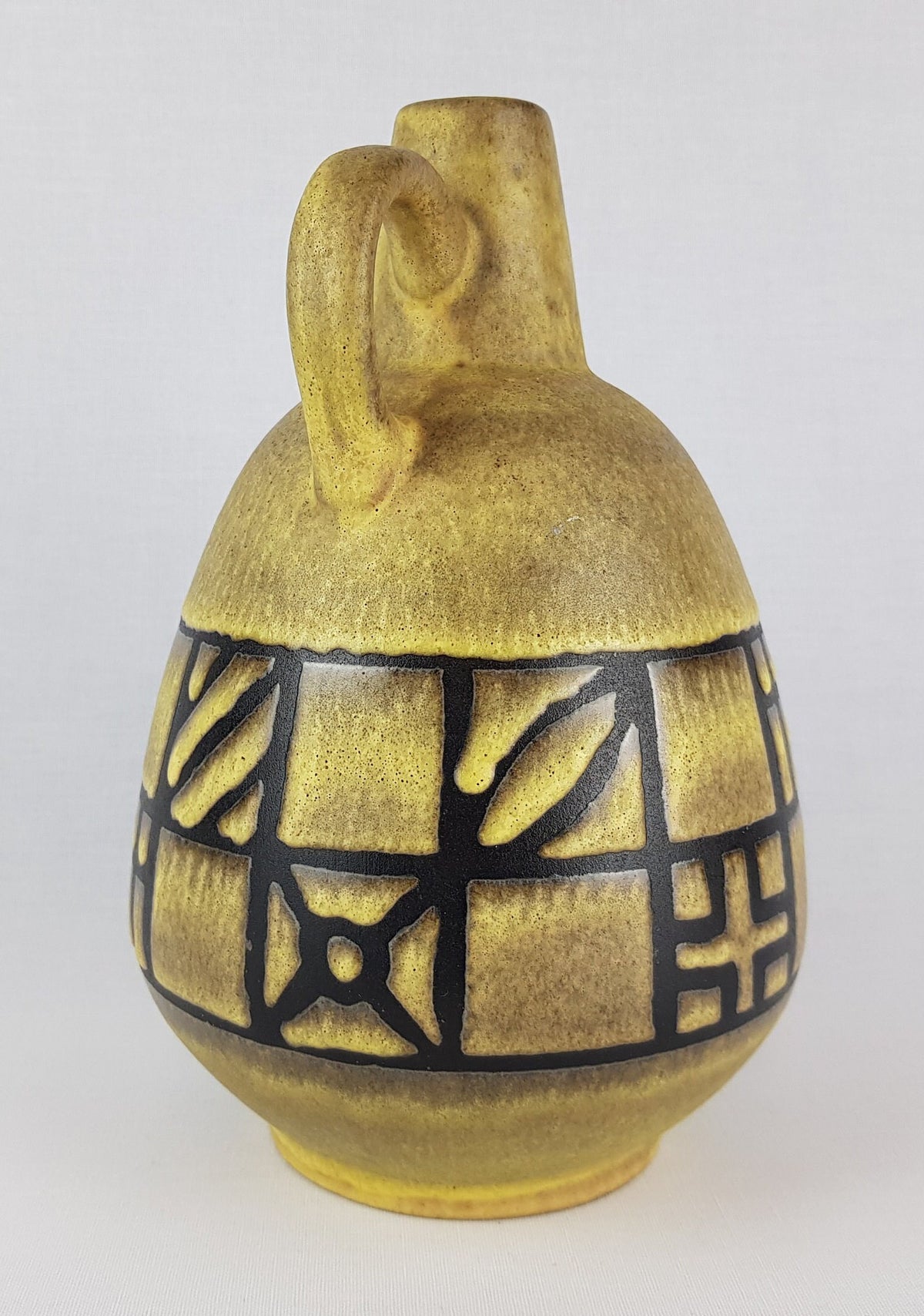 Vintage RUSCHA KERAMIK Handled Yellow Vase "Tibet-Karo" decor 320/3 West German Pottery 1960s