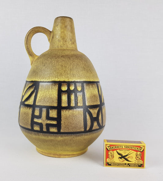 Vintage RUSCHA KERAMIK Handled Yellow Vase "Tibet-Karo" decor 320/3 West German Pottery 1960s