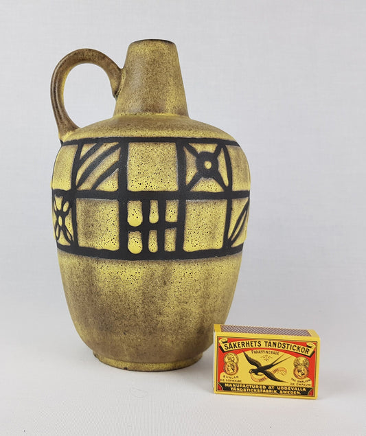 Vintage RUSCHA KERAMIK Yellow Handled Vase "Tibet-Karo" decor 341 West German Pottery 1960s
