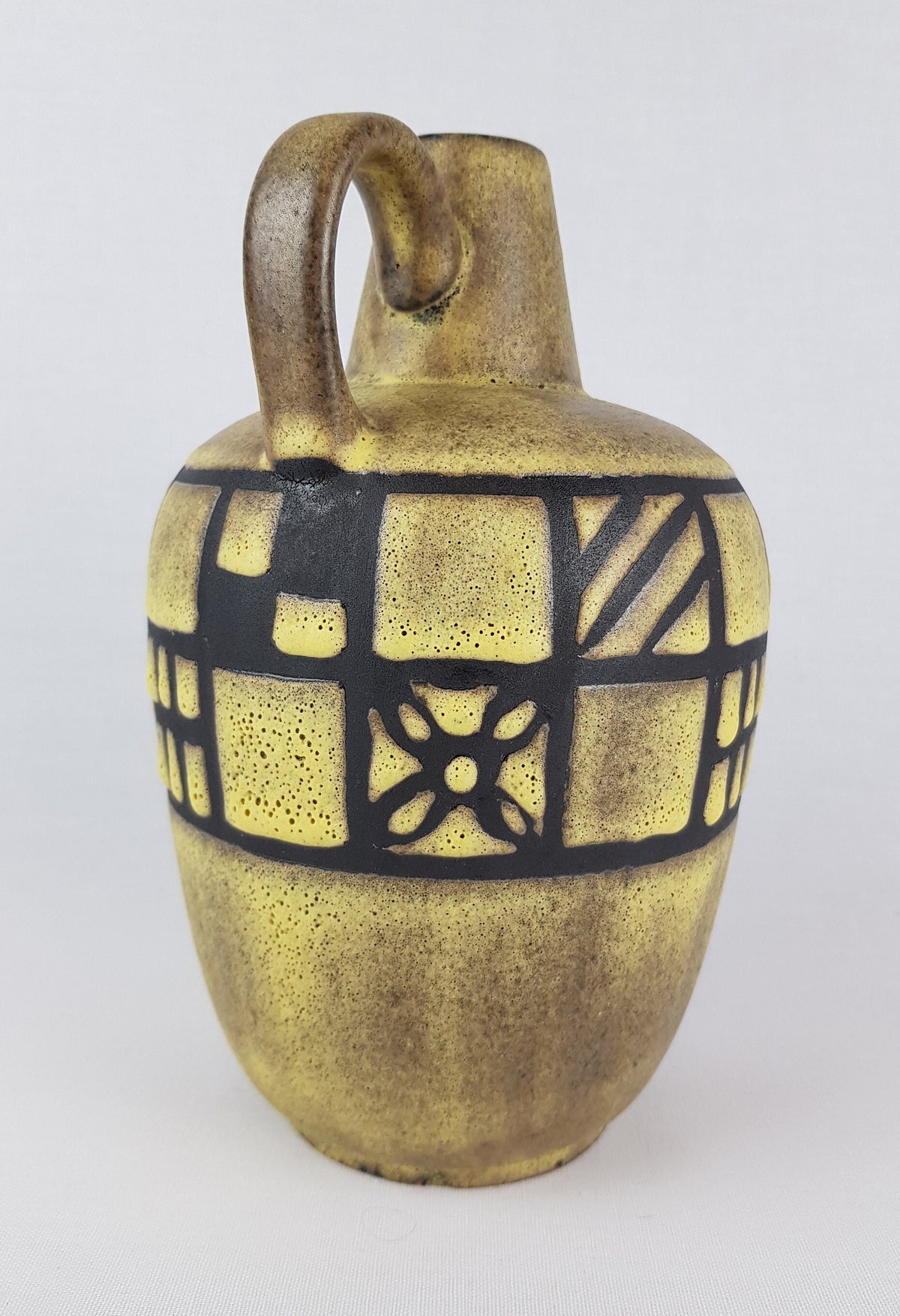 Vintage RUSCHA KERAMIK Yellow Handled Vase "Tibet-Karo" decor 341 West German Pottery 1960s