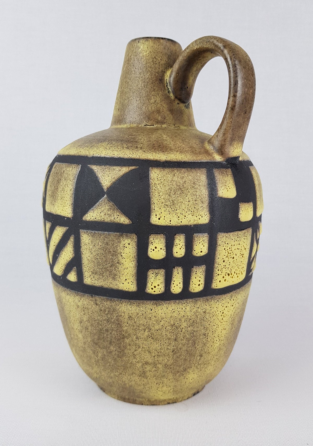 Vintage RUSCHA KERAMIK Yellow Handled Vase "Tibet-Karo" decor 341 West German Pottery 1960s