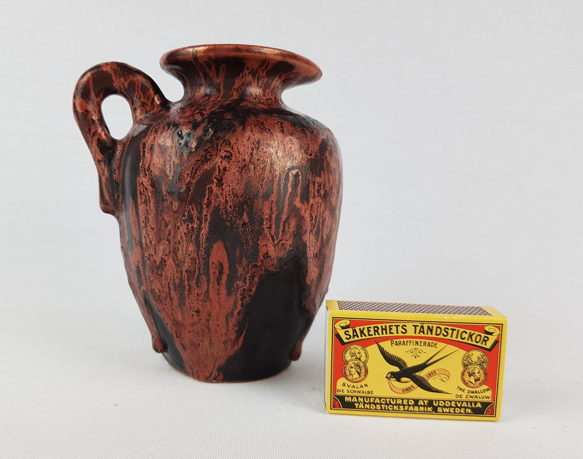 Vintage OTTO KERAMIK Burgundy Red Handled Vase with Dripped Ätna Decor West German Pottery Fat Lava Era 1970-80s