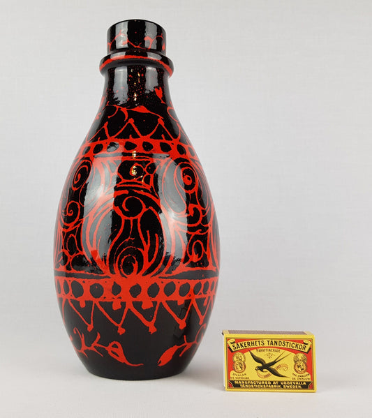 Vintage ALVINO BAGNI Black Vase with Red Decor Italian Pottery 1970's
