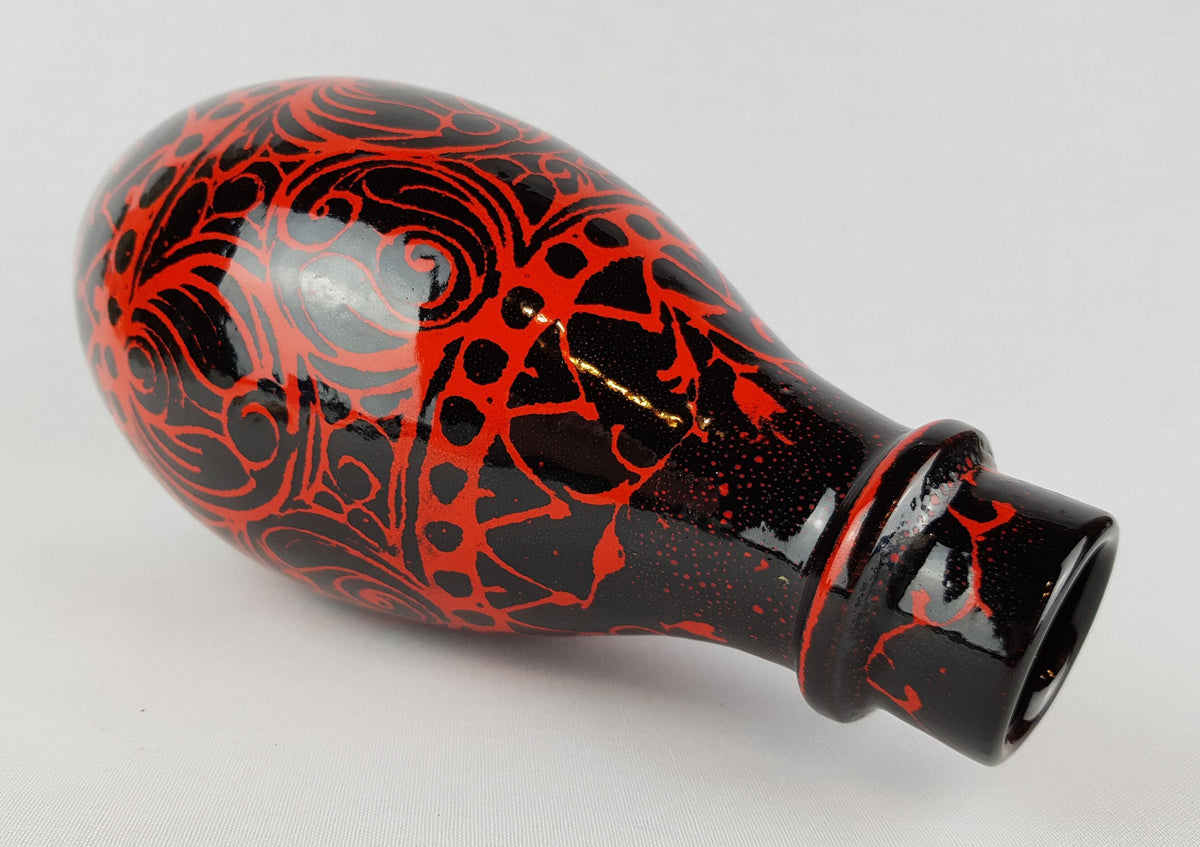 Vintage ALVINO BAGNI Black Vase with Red Decor Italian Pottery 1970's