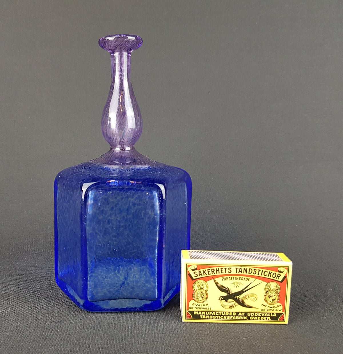 Vintage KOSTA BODA "Antikva" Purple & Blue Six-Sided Glass Vase Signed by Bertil Vallien 1977 Artist Collection