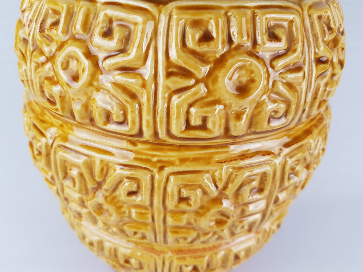 XL Vintage ÜBELACKER Keramik Red Vase With Yellow Relief Decor 1417/40 West German Pottery 1970s