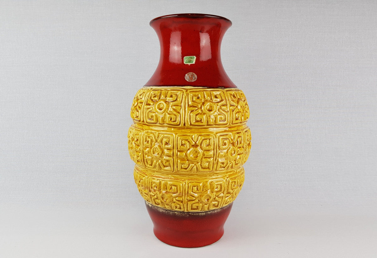 XL Vintage ÜBELACKER Keramik Red Vase With Yellow Relief Decor 1417/40 West German Pottery 1970s