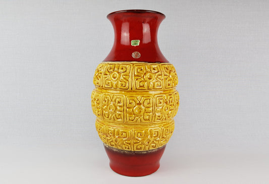 XL Vintage ÜBELACKER Keramik Red Vase With Yellow Relief Decor 1417/40 West German Pottery 1970s