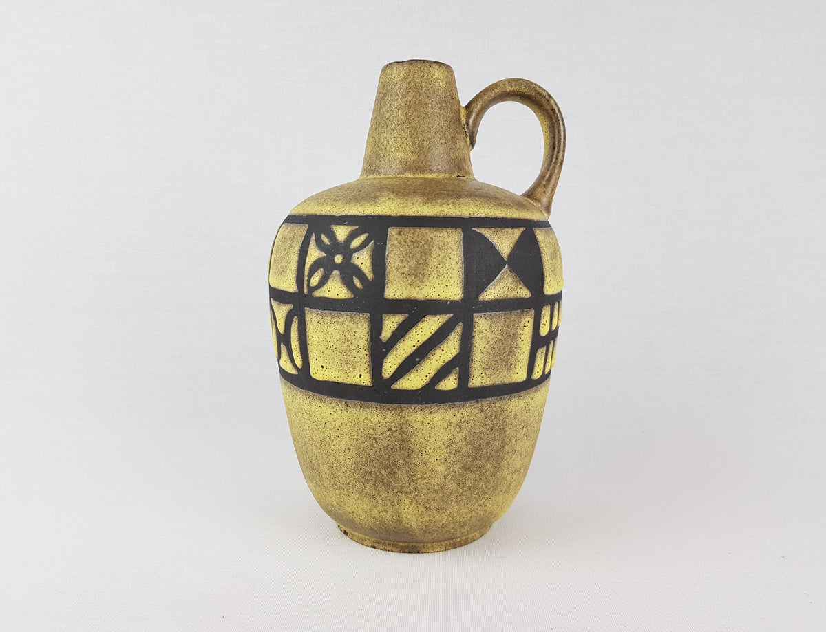 Vintage RUSCHA KERAMIK Yellow Handled Vase "Tibet-Karo" decor 341 West German Pottery 1960s
