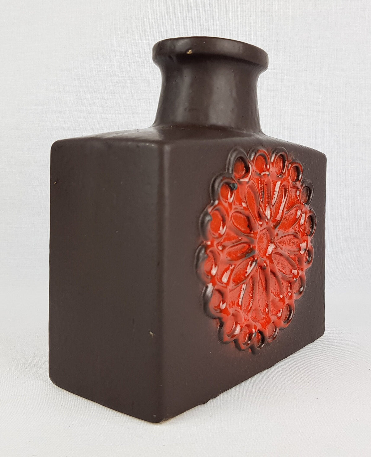 Vintage SCHEURICH KERAMIK Rectangular Vase With Orange Red Flower Decor 281-19 West German Pottery 1970s