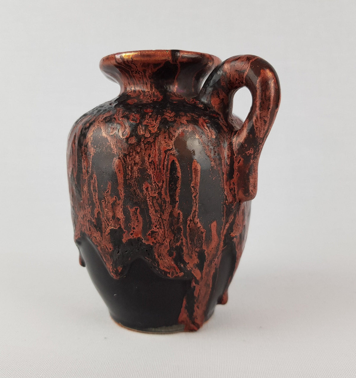 Vintage OTTO KERAMIK Burgundy Red Handled Vase with Dripped Ätna Decor West German Pottery Fat Lava Era 1970-80s