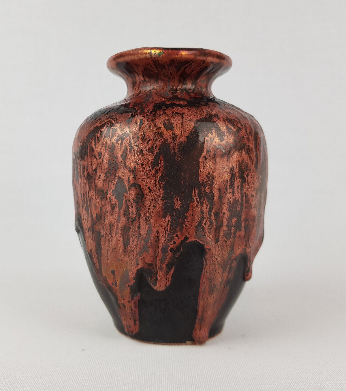 Vintage OTTO KERAMIK Burgundy Red Handled Vase with Dripped Ätna Decor West German Pottery Fat Lava Era 1970-80s
