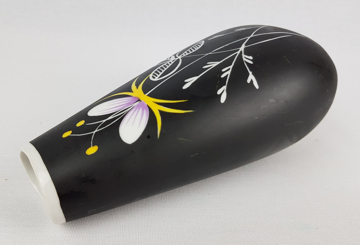 Vintage GEROLD PORZELLAN Black Porcelain Vase With Flower Decor 6807/3 West Germany 1960-70s Fat Lava Era