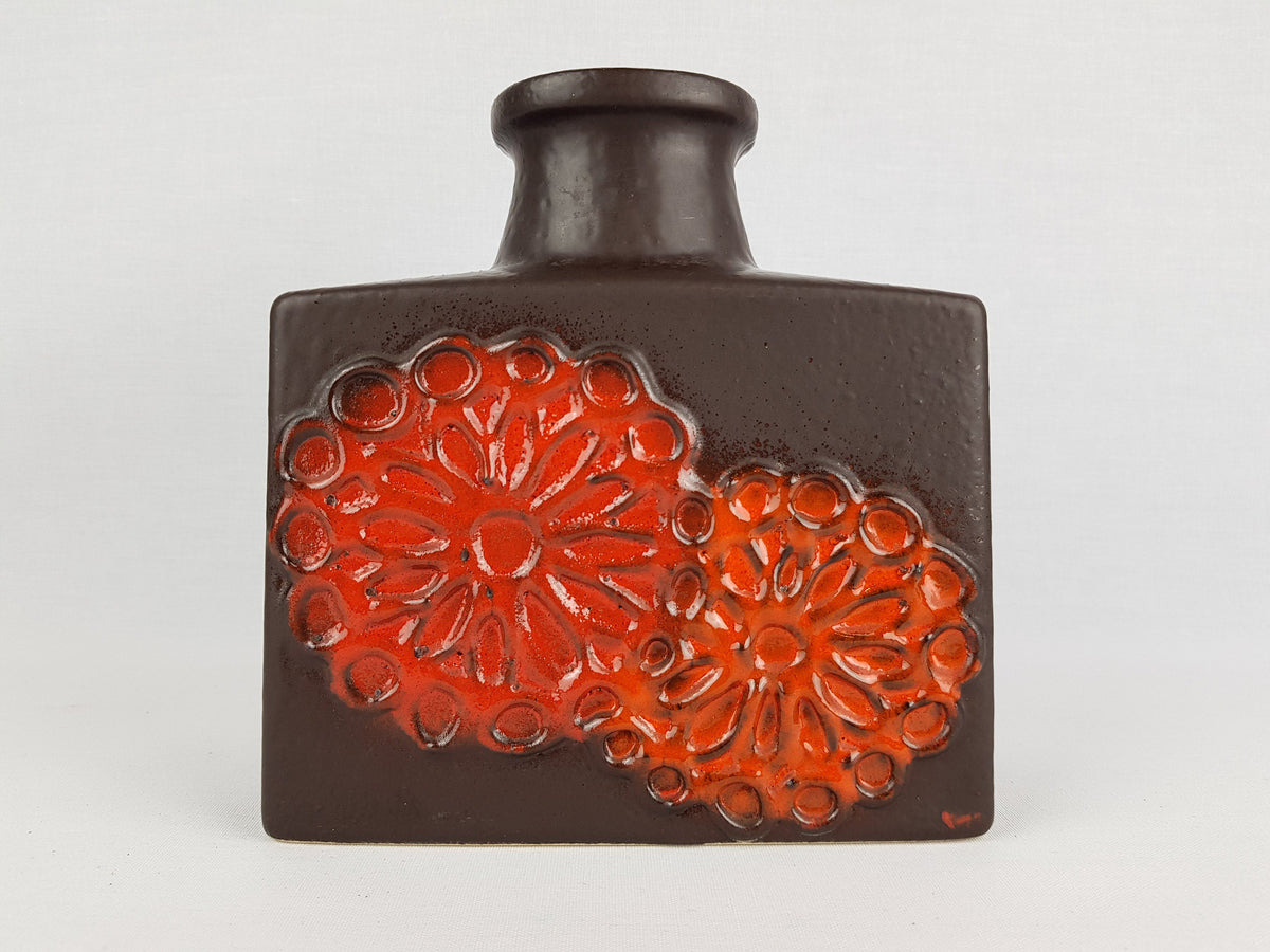 Vintage SCHEURICH KERAMIK Rectangular Vase With Orange Red Flower Decor 281-19 West German Pottery 1970s