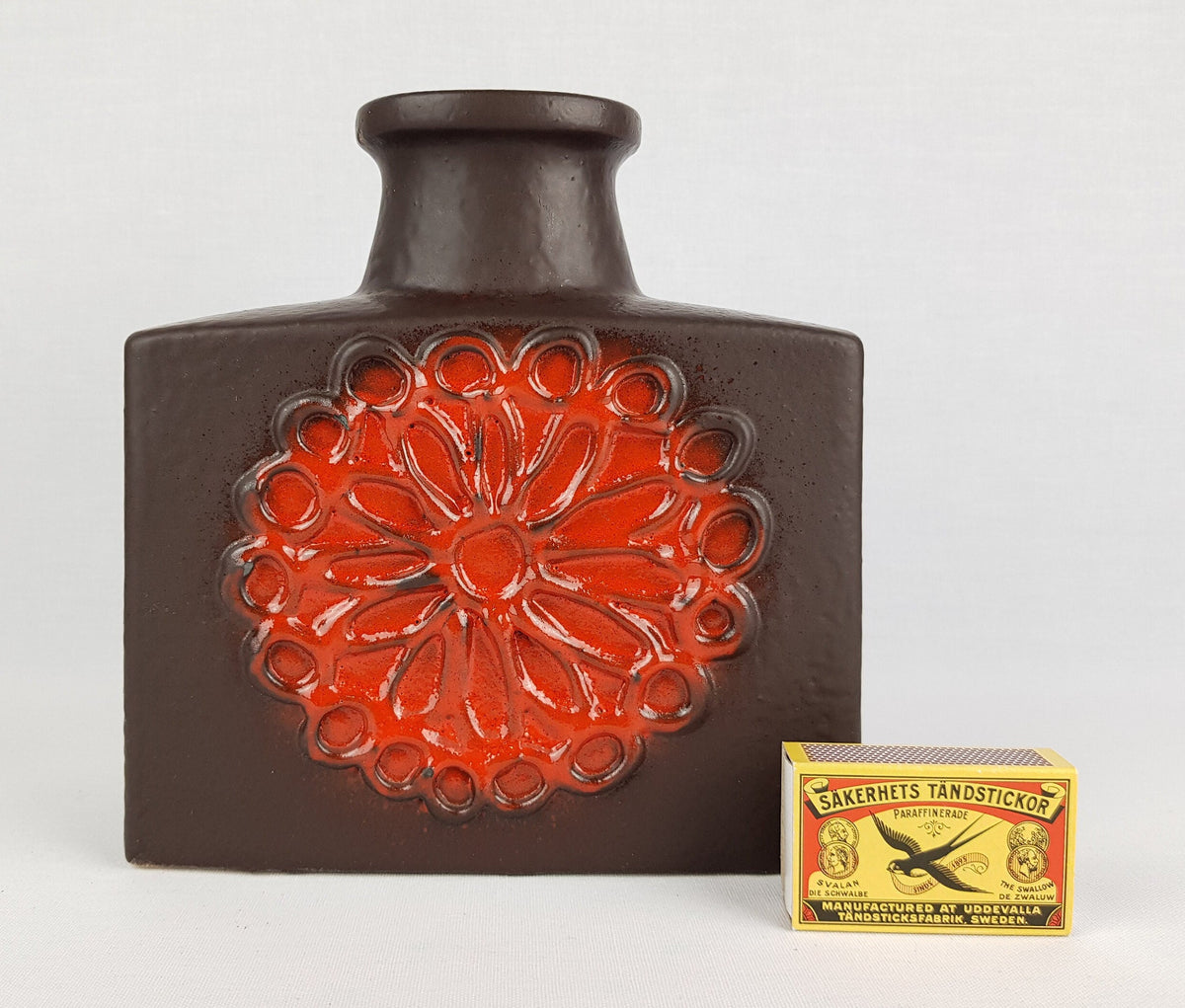 Vintage SCHEURICH KERAMIK Rectangular Vase With Orange Red Flower Decor 281-19 West German Pottery 1970s