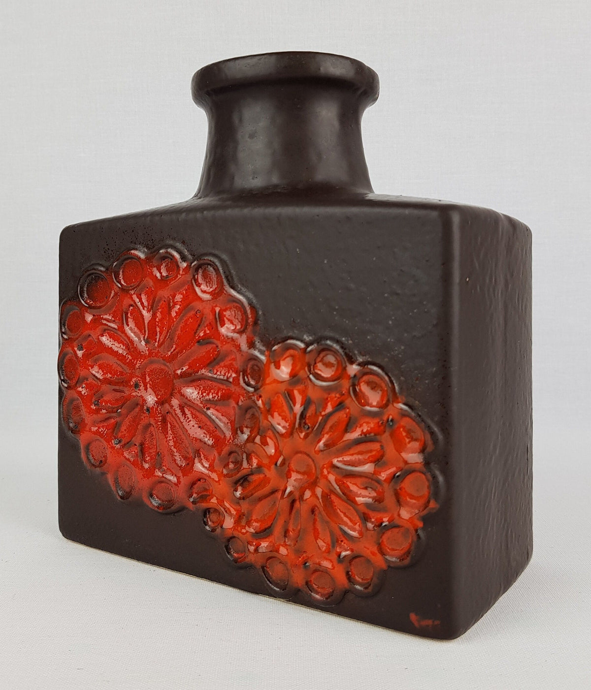 Vintage SCHEURICH KERAMIK Rectangular Vase With Orange Red Flower Decor 281-19 West German Pottery 1970s