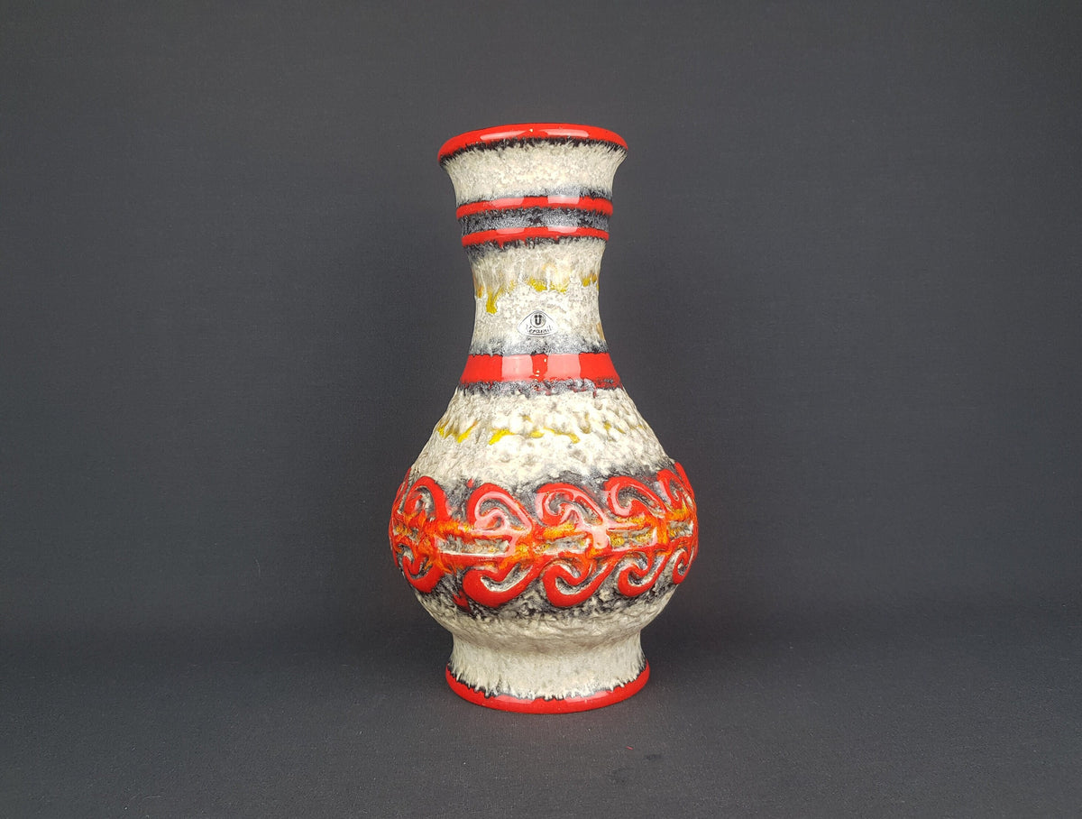 Vintage UBELACKER (Ü-Keramik) Fat Lava Red and Beige Vase 1382 27 West German Pottery 1960s 1970s