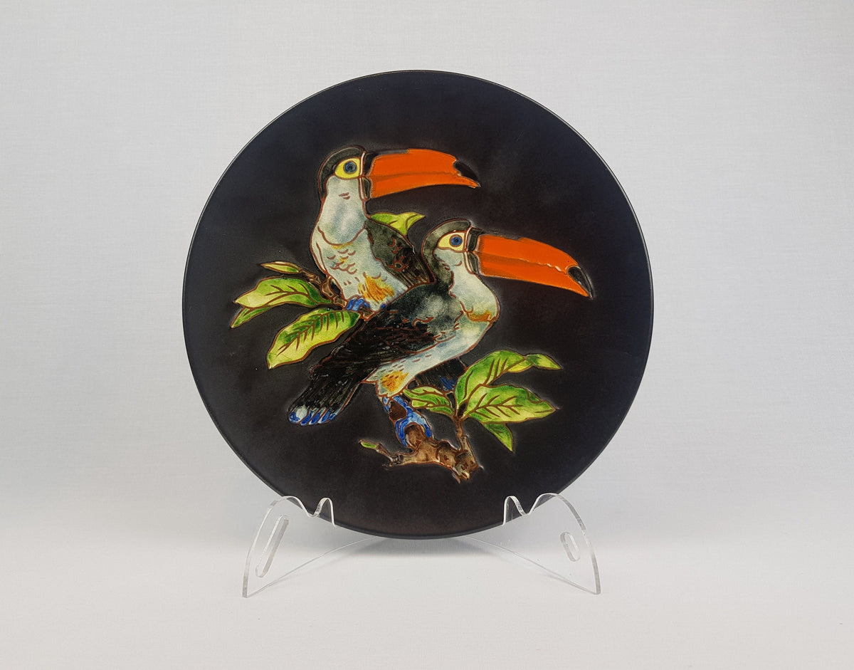 Vintage KARLSRUHER MAJOLIKA Wall Plate with Toucan Decor by Karl-Heinz Feisst 6312 West German Pottery 1950s