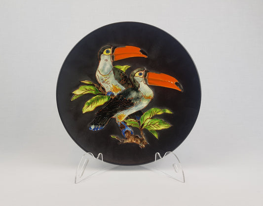 Vintage KARLSRUHER MAJOLIKA Wall Plate with Toucan Decor by Karl-Heinz Feisst 6312 West German Pottery 1950s