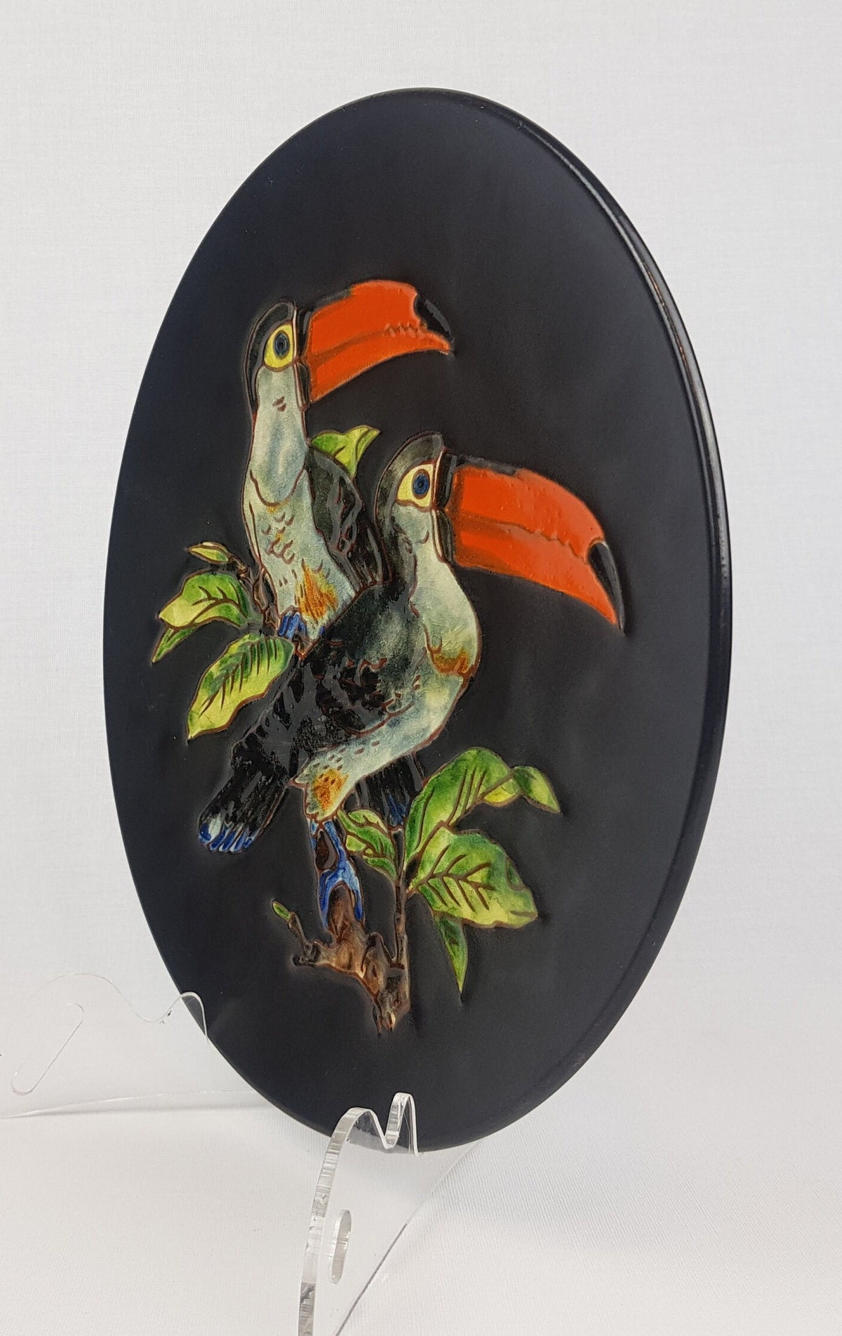 Vintage KARLSRUHER MAJOLIKA Wall Plate with Toucan Decor by Karl-Heinz Feisst 6312 West German Pottery 1950s