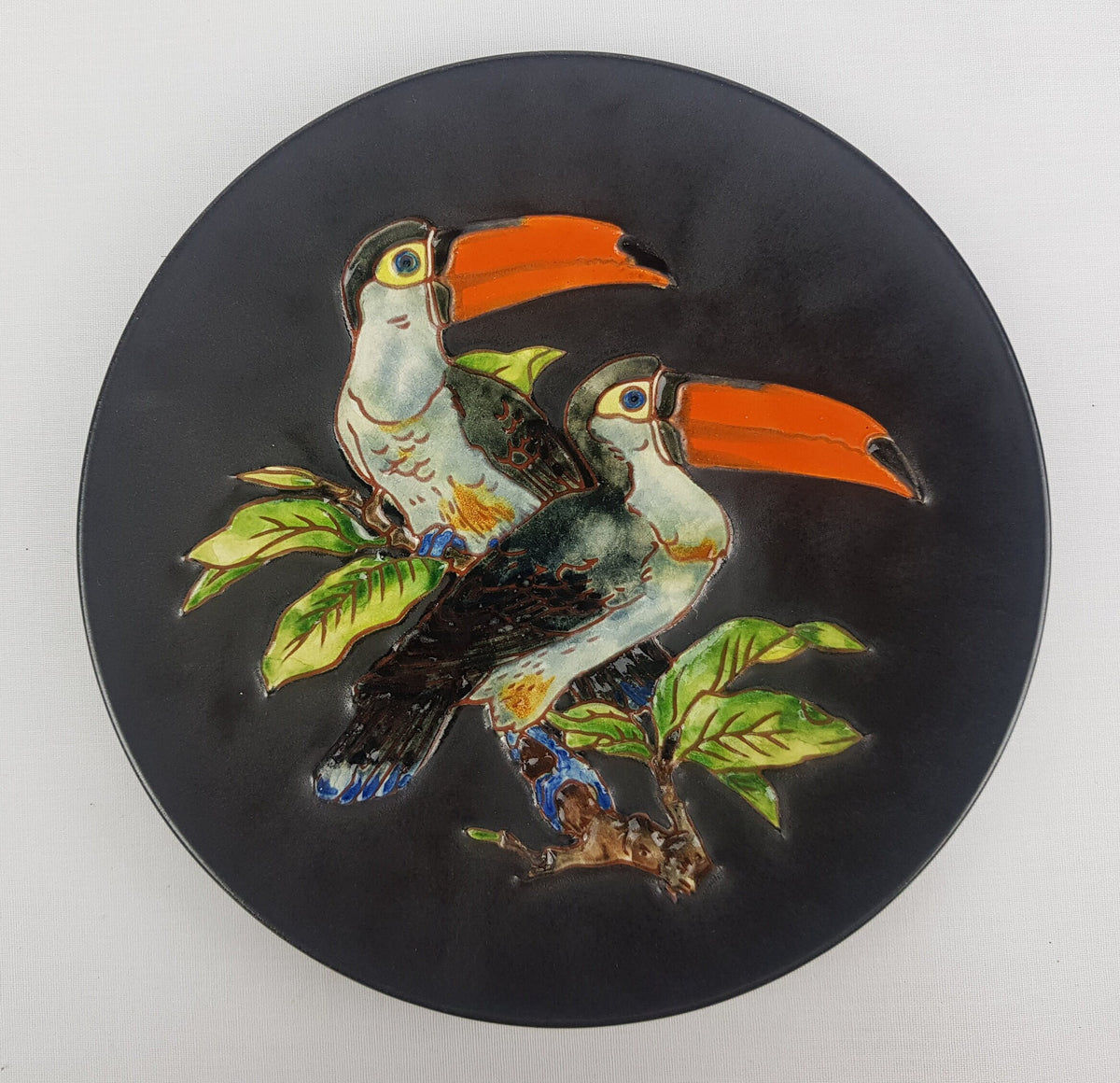 Vintage KARLSRUHER MAJOLIKA Wall Plate with Toucan Decor by Karl-Heinz Feisst 6312 West German Pottery 1950s