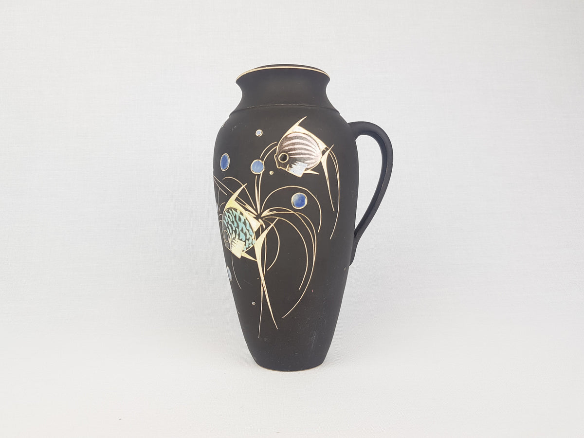 Vintage Kiechle Style Engobe Vase with Fish Decor Form 2012 German Pottery 1950s 1960s