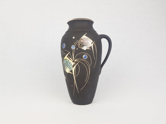 Vintage Kiechle Style Engobe Vase with Fish Decor Form 2012 German Pottery 1950s 1960s