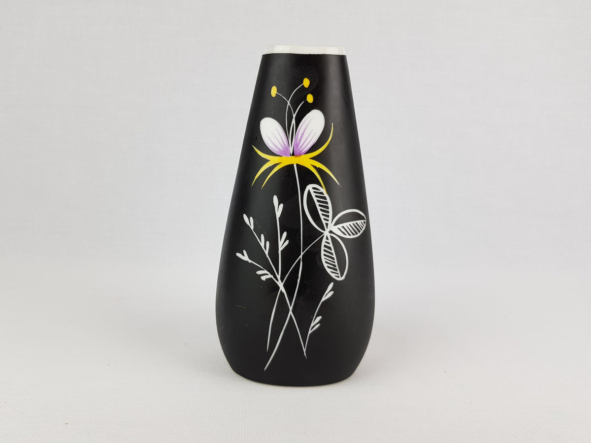Vintage GEROLD PORZELLAN Black Porcelain Vase With Flower Decor 6807/3 West Germany 1960-70s Fat Lava Era