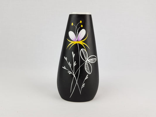 Vintage GEROLD PORZELLAN Black Porcelain Vase With Flower Decor 6807/3 West Germany 1960-70s Fat Lava Era