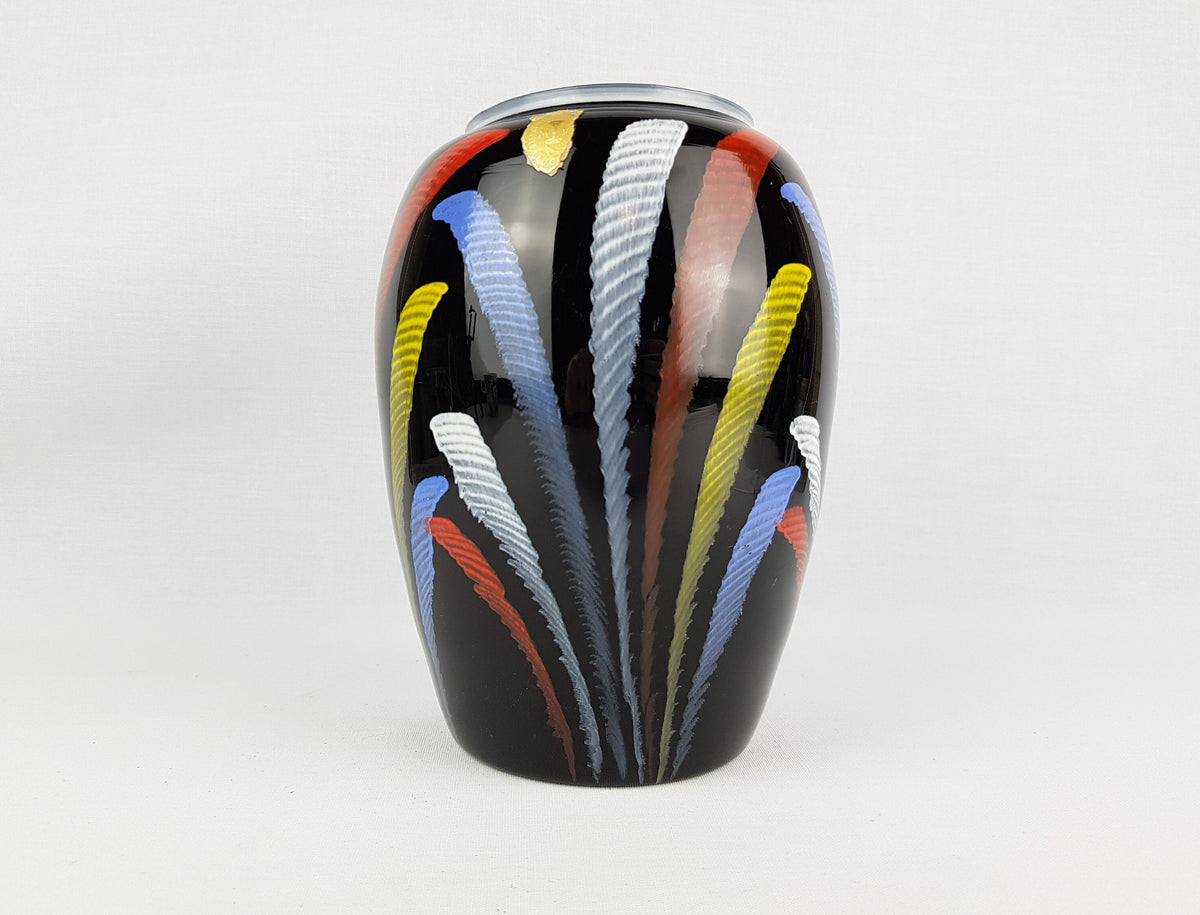 Vintage Martha Volkmer LUCKA Hyalith Amethyst Black Glass Vase With Colorful Hand-applied Enamel Decor 1950s GDR DDR