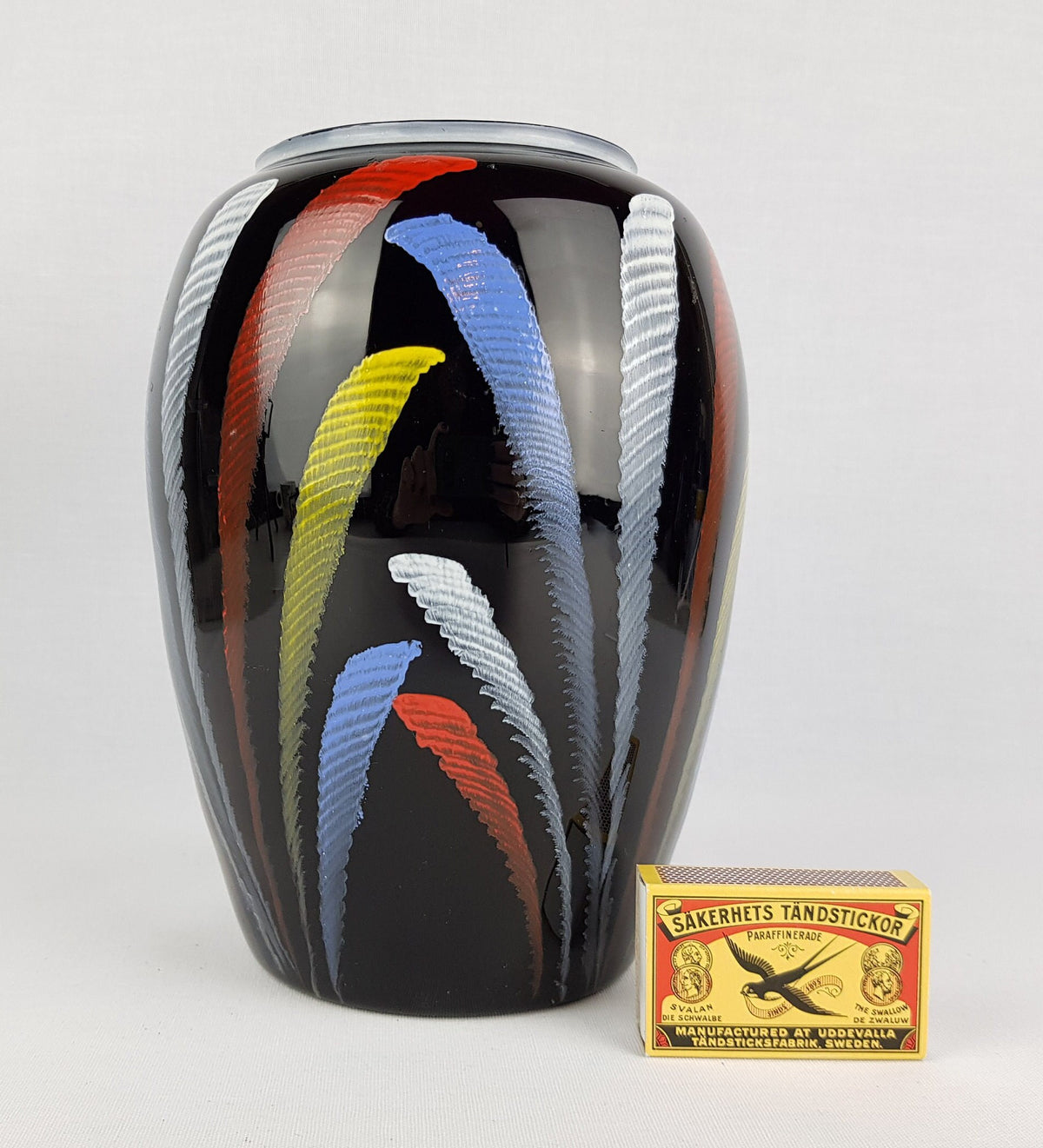 Vintage Martha Volkmer LUCKA Hyalith Amethyst Black Glass Vase With Colorful Hand-applied Enamel Decor 1950s GDR DDR