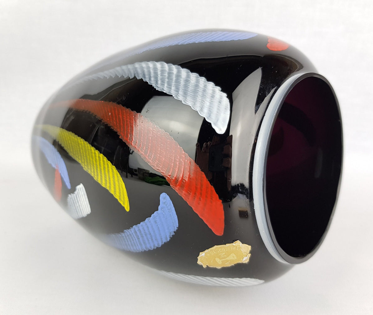 Vintage Martha Volkmer LUCKA Hyalith Amethyst Black Glass Vase With Colorful Hand-applied Enamel Decor 1950s GDR DDR