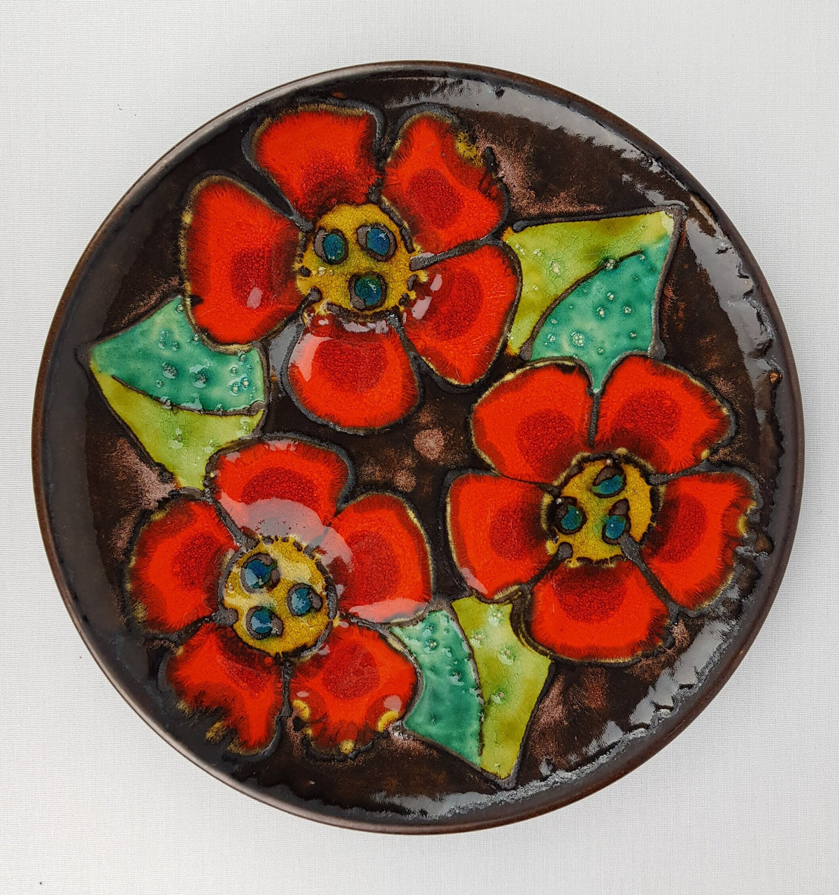 Vintage RUSCHA KERAMIK Orange and Brown Wall Plaque 717/2 with Flower Decor 1970s